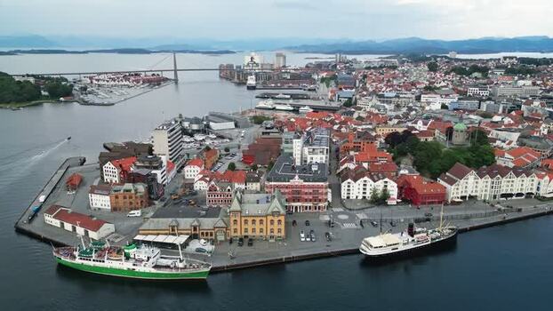 Aerial view of Stavanger harbor and historic buildings Norway.