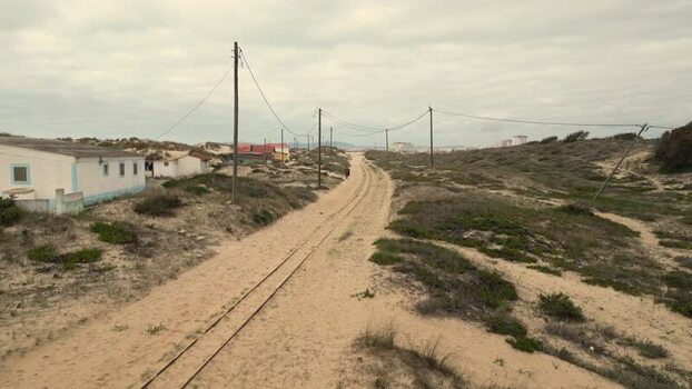 Aerial view of Praia da Mata sandy path Portugal. Aerial view of Praia da Mata sandy path Portugal.