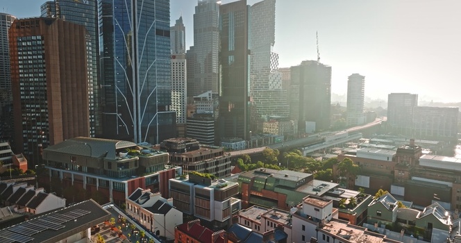 Aerial view of the Sydney central business district skyline with modern skyscrapers historic rooftops and urban architecture in Sydney New South Wales Australia. Aerial view of the Sydney central business district skyline with modern skyscrapers historic rooftops and urban architecture in Sydney New South Wales Australia.