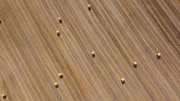 Aerial view of hay bales in a field in Germany.