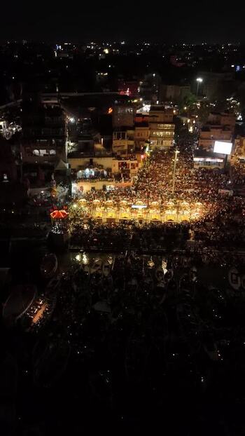 Aerial view of Dashashwamedh Ghat at night in Varanasi India. Aerial view of Dashashwamedh Ghat at night in Varanasi India.