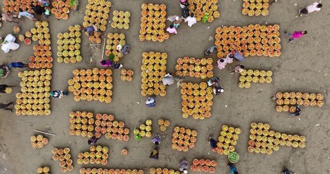 Aerial view of a busy produce market in Sylhet Bangladesh.