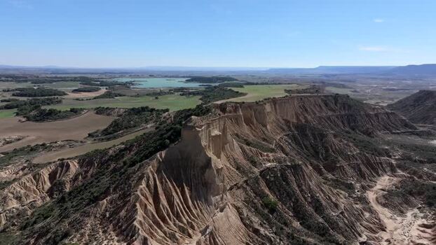 Aerial view of Bardenas Reales desert landscape Spain.