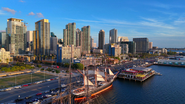Aerial view of the Star of India ship docked at North Embarcadero along North Harbor Drive with the San Diego skyline in San Diego California United States.
