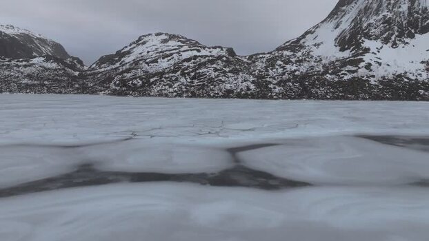 Aerial view of frozen lake in Lofoten Norway.