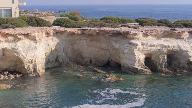 Aerial view of coastal sea cliffs in Cyprus.
