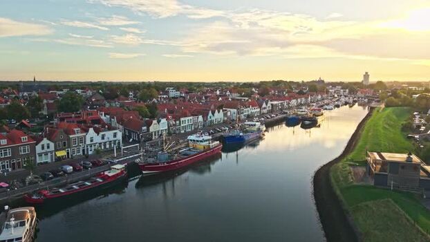 Aerial view of Zierikzee harbor at sunset Netherlands.