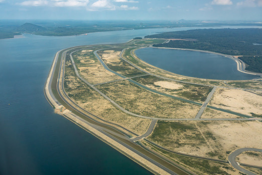 Aerial view of the land reclamation area and coastal reservoir on Tekong Island in Singapore Singapore.