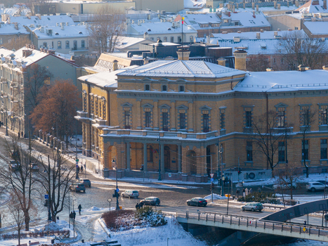 Aerial view of the Museum of Occupations and Freedom Fights building and snow covered streets Vilnius County Lithuania.