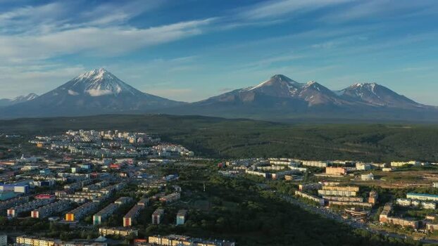 Aerial view of Petropavlovsk Kamchatskiy and volcanoes Russia.