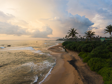 Aerial view of Gintota beach with palm trees lush greenery and waves crashing on the sand under a dramatic sunset sky in Galle Southern Province Sri Lanka. Aerial view of Gintota beach with palm trees lush greenery and waves crashing on the sand under a dramatic sunset sky in Galle Southern Province Sri Lanka.