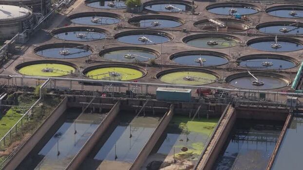 Aerial view of water treatment plant in Maple Cross United Kingdom.