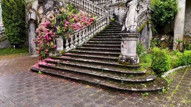 Aerial view of Pazo de Lourizan stone stairs and gardens Spain. Aerial view of Pazo de Lourizan stone stairs and gardens Spain.