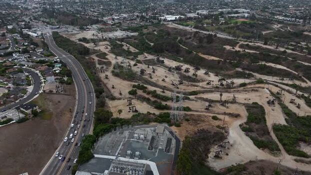 Aerial view of Baldwin Hills oil field in Los Angeles United States.