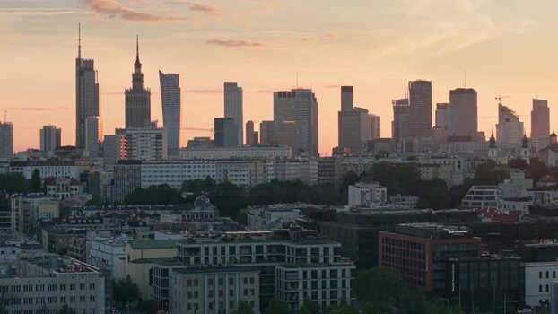 Aerial view of Warsaw skyline at sunset Poland.