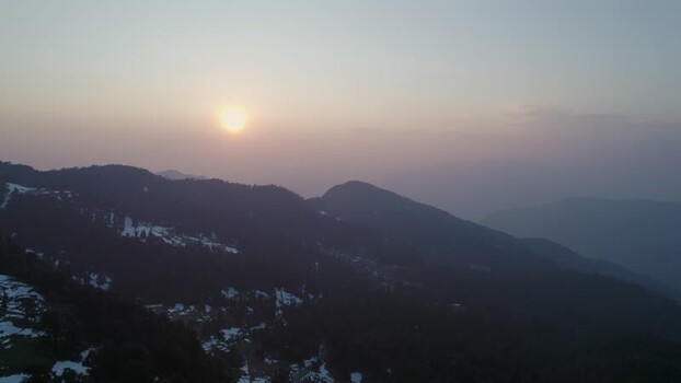 Aerial view of Chopta Tungnath mountains at sunset India.