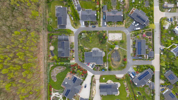 Eco Village Almere aerial views. Sustainable residential area. Eco Village Almere aerial views. Sustainable residential area.