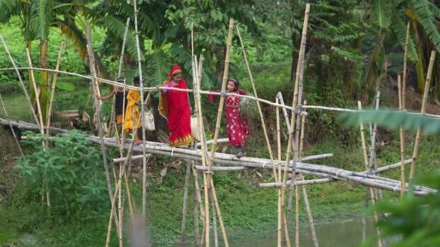 View of women crossing a bamboo bridge in Bogura Bangladesh.