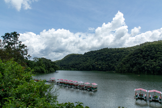Pokhara Gandaki Province Nepal 31 July 2026 View of Phewa Lake with paddle boats moored near lush green forested hills under a bright blue sky with fluffy white clouds.