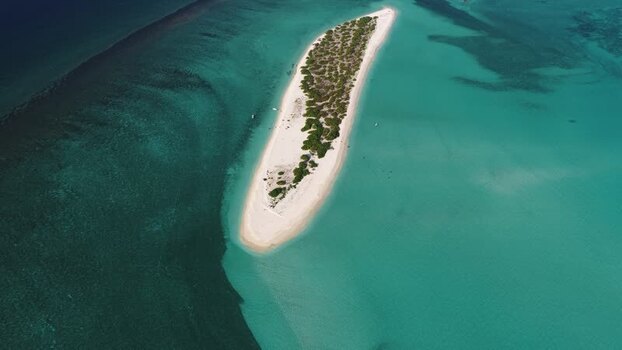 Aerial view of a tropical sandbank island Maldives.