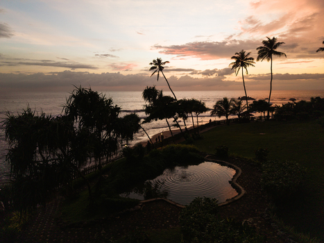 Aerial view of Gintota beach with palm trees silhouetted against a sunset sky and a small pond in the foreground in Galle Southern Province Sri Lanka. Aerial view of Gintota beach with palm trees silhouetted against a sunset sky and a small pond in the foreground in Galle Southern Province Sri Lanka.
