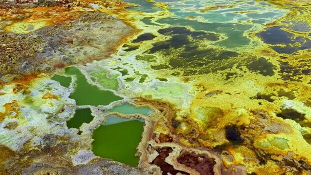 Aerial view of vibrant hydrothermal pools in the Danakil Desert Ethiopia. Aerial view of vibrant hydrothermal pools in the Danakil Desert Ethiopia.