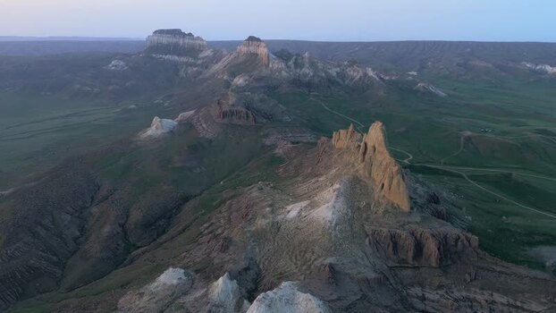 Aerial view of Airakty mountains at dusk in Kazakhstan.