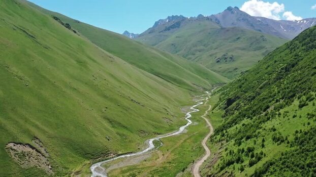 Aerial view of Caucasus Mountains and Elbrus valley Russia.