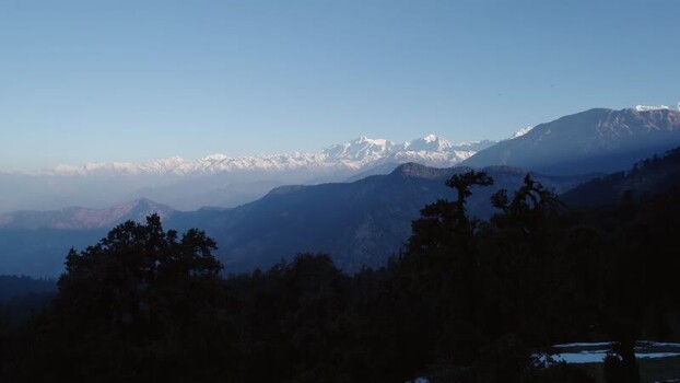 Aerial view of snow capped Himalayan peaks in Chopta Tungnath India.