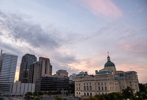 Indianapolis United States 12 May 2026 View of the Indiana State Capitol featuring its historic dome against a soft sunset sky with pink clouds and city skyscrapers. Indianapolis United States 12 May 2026 View of the Indiana State Capitol featuring its historic dome against a soft sunset sky with pink clouds and city skyscrapers.