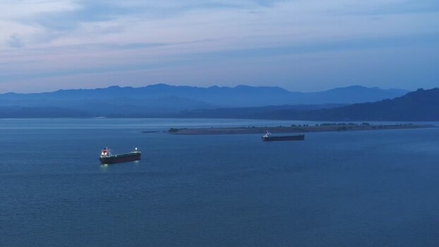Aerial view of cargo ships on the Columbia River United States.
