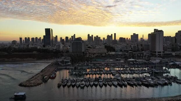 Aerial view of Tel Aviv Marina and skyline Israel.