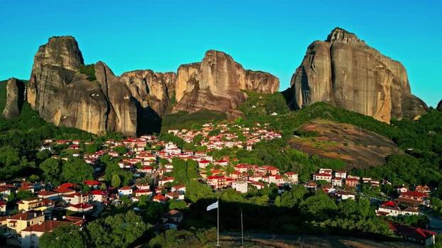 Aerial view of Meteora rock formations Greece.