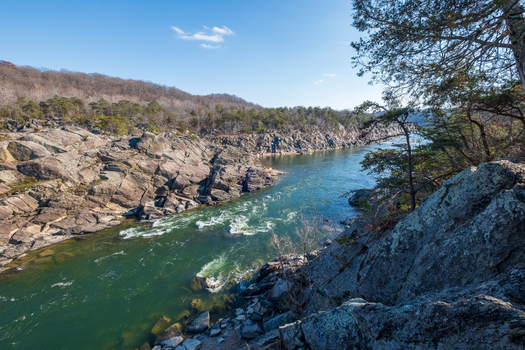 View of the powerful river rushing through the rocky gorge framed by trees against a clear blue sky Great Falls National Park Virginia United States. View of the powerful river rushing through the rocky gorge framed by trees against a clear blue sky Great Falls National Park Virginia United States.