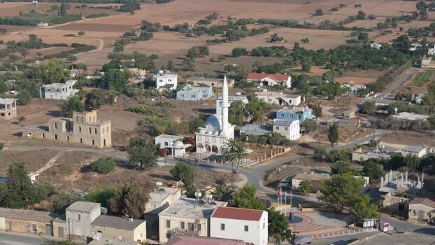 Aerial view of a village mosque in Famagusta Northern Cyprus.
