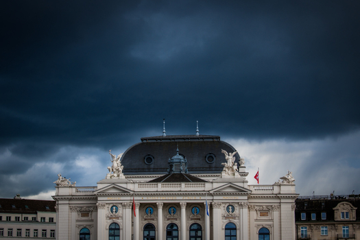 Zurich Switzerland 02 April 2023 View of the Zurich Opera House bathed in soft light against a dramatic brooding sky its classical facade a beacon of elegance. Zurich Switzerland 02 April 2023 View of the Zurich Opera House bathed in soft light against a dramatic brooding sky its classical facade a beacon of elegance.
