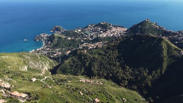 Aerial view of the coastal town of Taormina Italy.