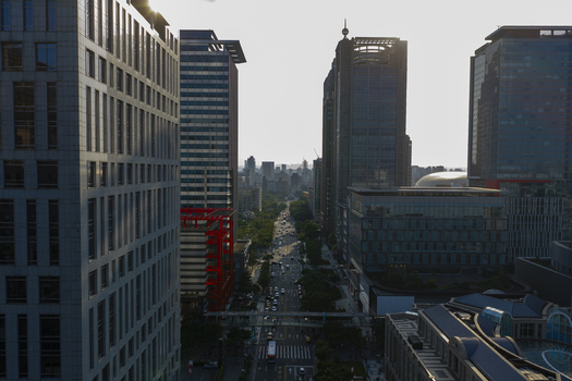 Aerial view of modern skyscrapers lining a busy street in Taipei Taiwan. Aerial view of modern skyscrapers lining a busy street in Taipei Taiwan.