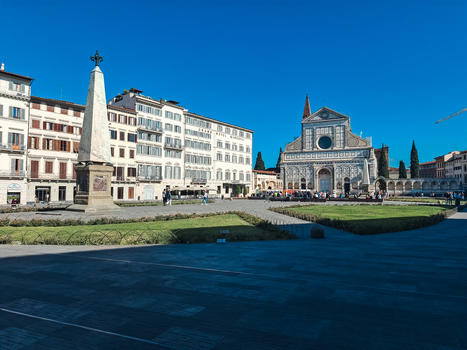 Florence Italy 26 April 2026 View of Santa Maria Novella in the square with its marble facade obelisk and clear blue sky. Florence Italy 26 April 2026 View of Santa Maria Novella in the square with its marble facade obelisk and clear blue sky.