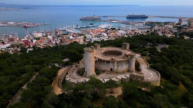 Aerial view of Castillo de Bellver and Palma harbor Spain.