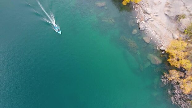 Aerial view of boat at Upper Kachura lake Pakistan.