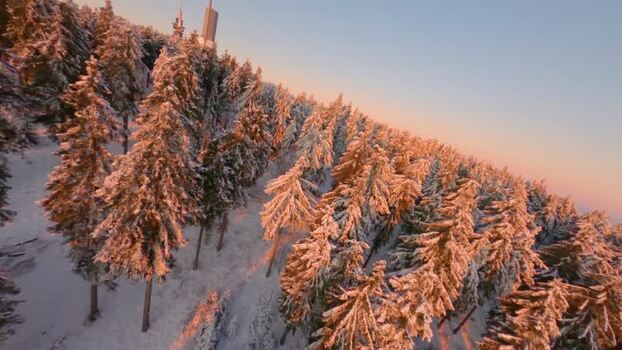 FPV aerial view of snow covered forest in Glashutten Germany.
