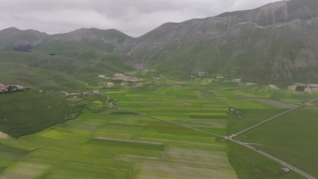 Aerial view of Castelluccio plains in Umbria Italy.