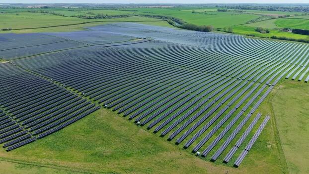 Aerial view of a large solar farm in the countryside United Kingdom.