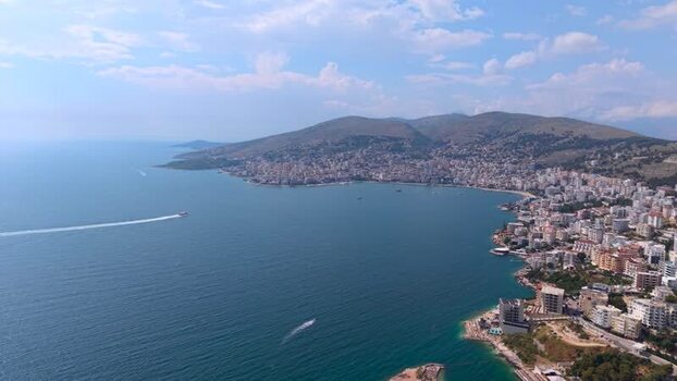 Aerial view of the coastal city of Sarande Albania.