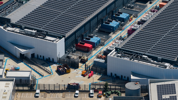 Aerial view of data center backup generators and HVAC systems in Hemel Hempstead Aerial view of data center backup generators and HVAC systems in Hemel Hempstead