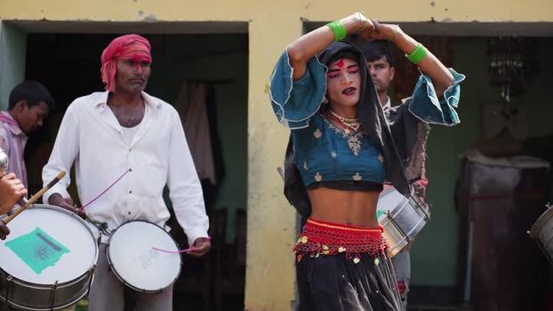 View of traditional dancers and drummers performing Nepal.
