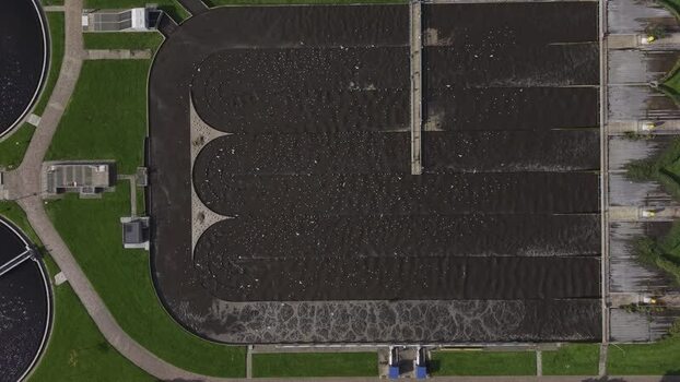 Aerial view of wastewater treatment plant in Netherlands.