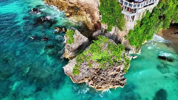 Aerial view of rocky coastal cliffs in Bali Indonesia.