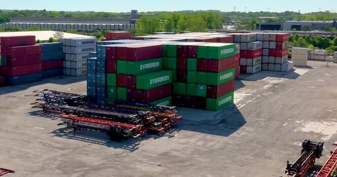 Aerial view of shipping containers in a logistics yard United States. Aerial view of shipping containers in a logistics yard United States.